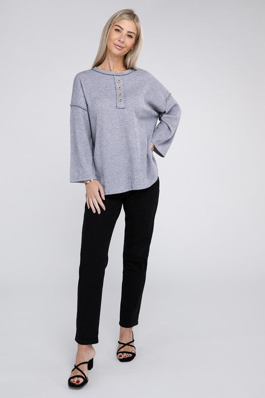 Women's Casual Ribbed Henley Sweater with Bell Sleeves