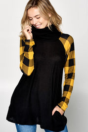 Women's Loose Fit Plaid Mixed Turtle Neck Tunic Top