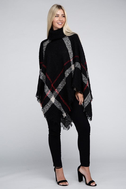 Women's Stretch Plaid Turtleneck Knit Poncho