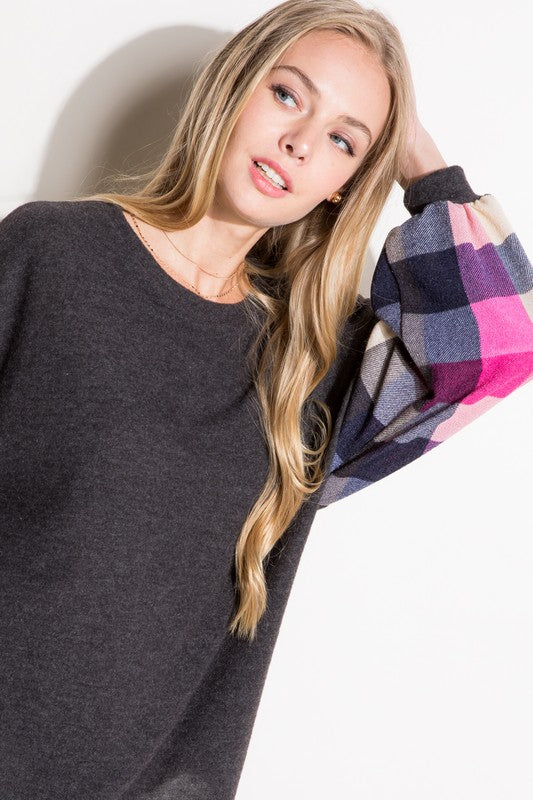 Plus Size Casual Multi Plaid Mixed Long Sleeve Top