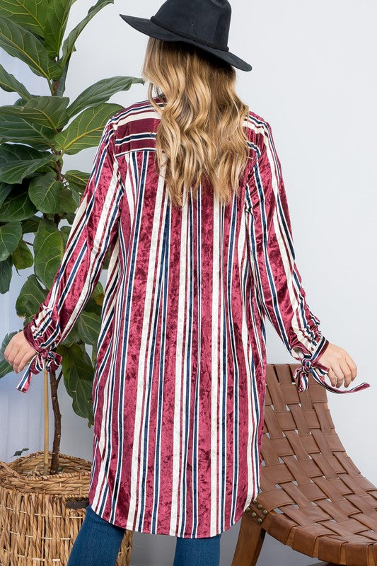 Women's Casual Stripe Velvet Long Cardigan