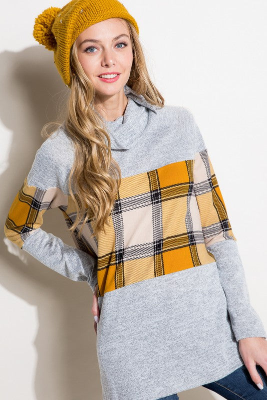 Women's Casual Loose Fit Plaid Mixed Turtle Neck Top