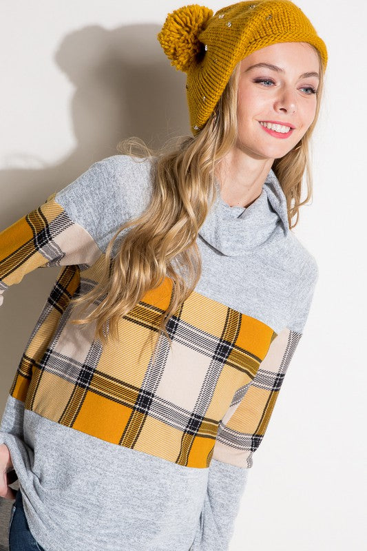 Women's Casual Loose Fit Plaid Mixed Turtle Neck Top