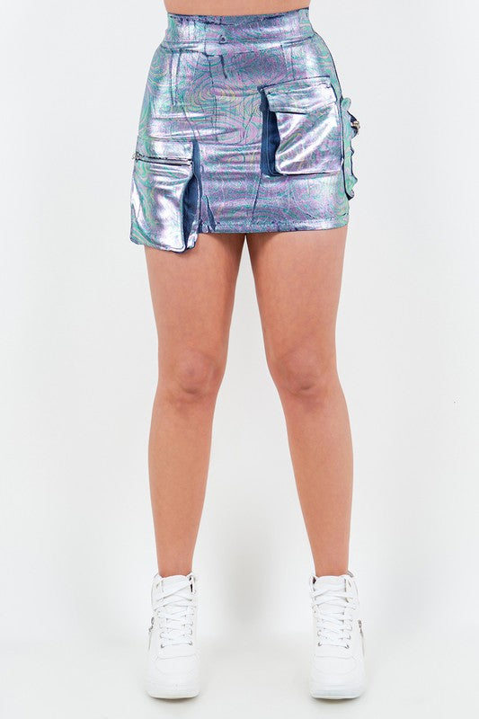 Women's High Waisted Blue Foil Cargo Mini Skirt