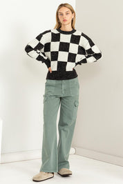 Women's Relaxed Fit Checkered Long Sleeve Sweater