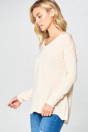 Women's Casual Loose Fit V Neck Cold Shoulder Sweater