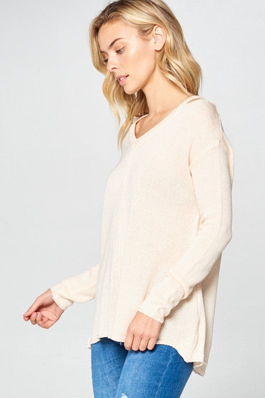 Women's Casual Loose Fit V Neck Cold Shoulder Sweater