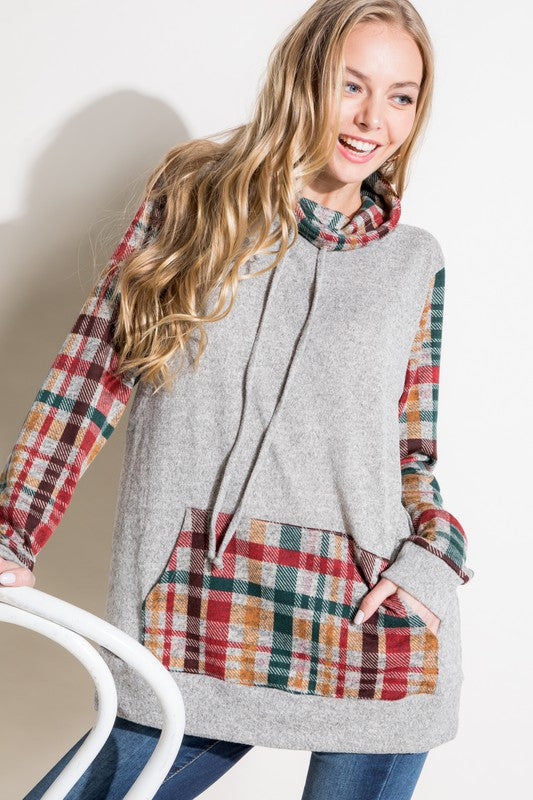 Women's Casual Plaid Mixed Turtle Neck Sweatshirt