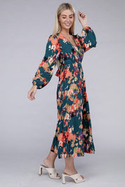 Floral Satin Pleated Maxi Dress