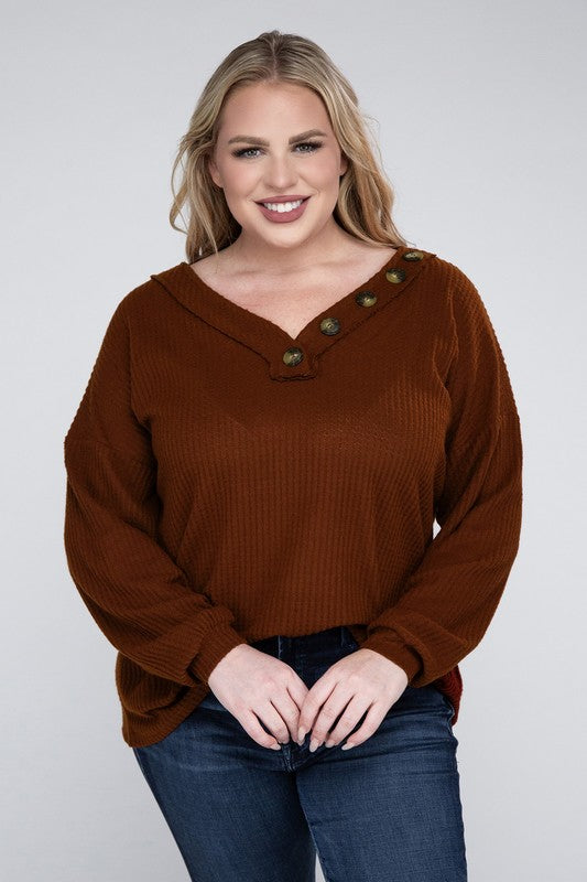 Plus Size Oversized Waffle Knit V-Neck Button Sweater