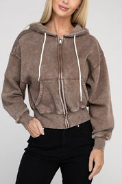 Women's Relaxed Fit Acid Wash Fleece Cropped Zip-Up Hoodie