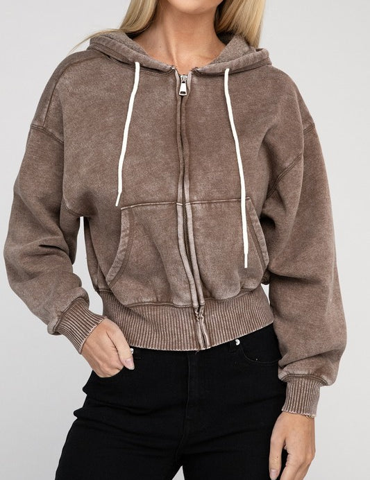 Women's Relaxed Fit Acid Wash Fleece Cropped Zip-Up Hoodie