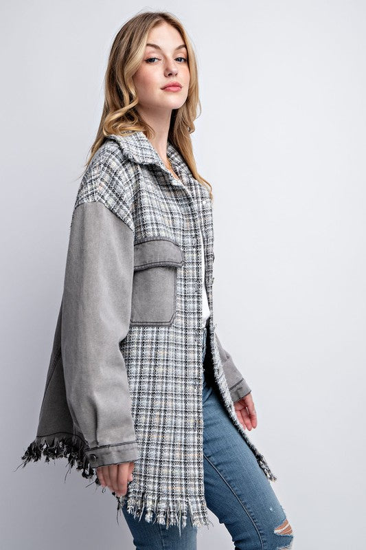 Women's Oversized Tweed Denim Shacket with Fringed Hem