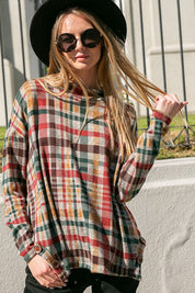 Women's Oversized Plaid Mock Neck Top with Side Buttons