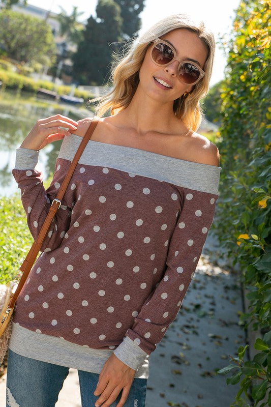 Plus Size Off Shoulder Polka Dot Long Sleeve Top