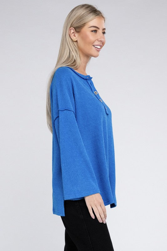 Women's Casual Ribbed Henley Sweater with Bell Sleeves