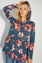 Women's Floral Print Jersey Babydoll Hoodie Casual Top