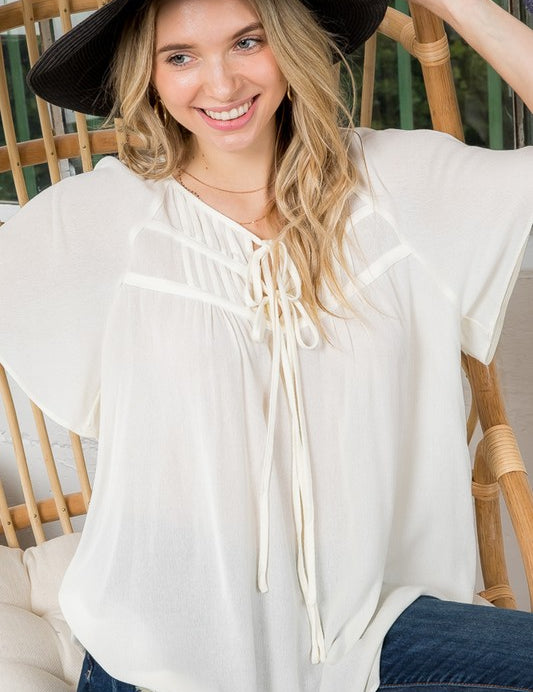 Women's Casual Solid Bow Tie Peasant Top