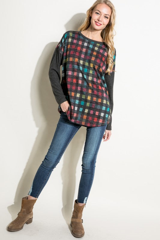 Women's Loose Fit Plaid Mixed Long Sleeve Top