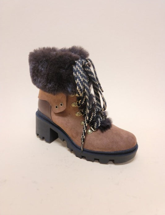 Women's Casual Faux Fur Block Heel Combat Booties