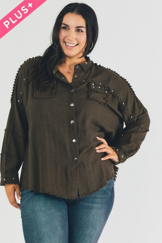 Plus Size Oversized Distressed Hem Button-Down Shirt