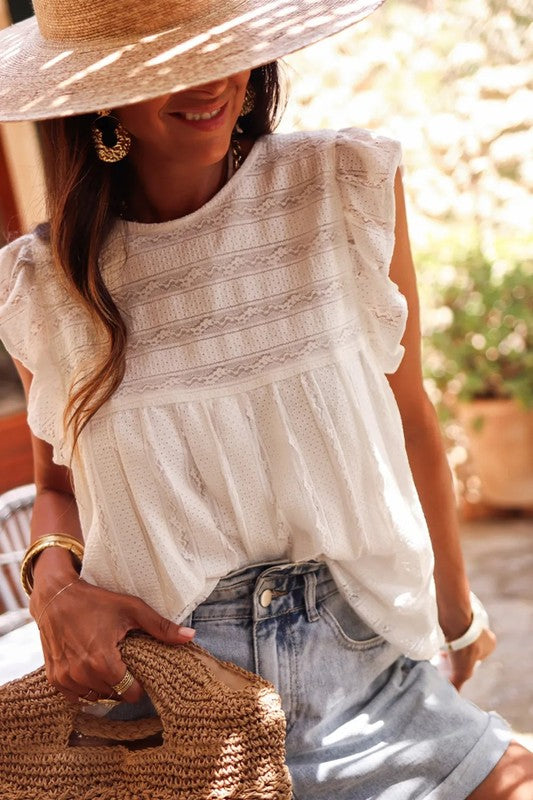 Women's White Ruffled Lace Tank Top