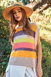 Women's Casual Crochet Multi Striped Sweater Vest