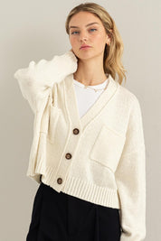 Women's Cropped V-Neck Cardigan Sweater with Button Closure