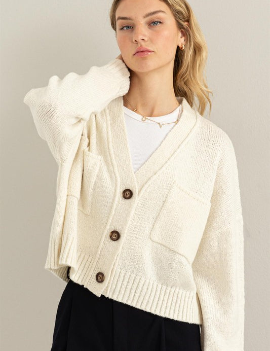 Women's Cropped V-Neck Cardigan Sweater with Button Closure