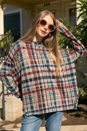 Women's Oversized Plaid Mock Neck Top with Side Buttons