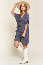 Women's Tiered Ruffle Mini Dress with Flare Sleeves