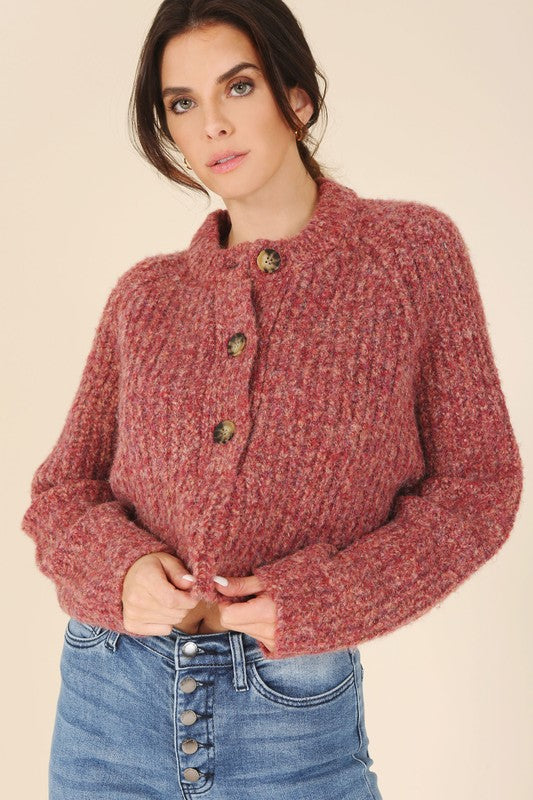 Women's Crop Melange Sweater Top with Bold Buttons