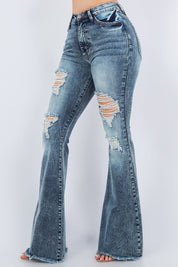 Women's High Rise Bell Bottom Jeans with Frayed Hem