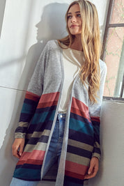 Women's Open Front Brushed Stripe Cardigan with Pockets