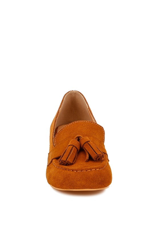 Women's Casual Genuine Suede Block Heel Loafers with Tassels