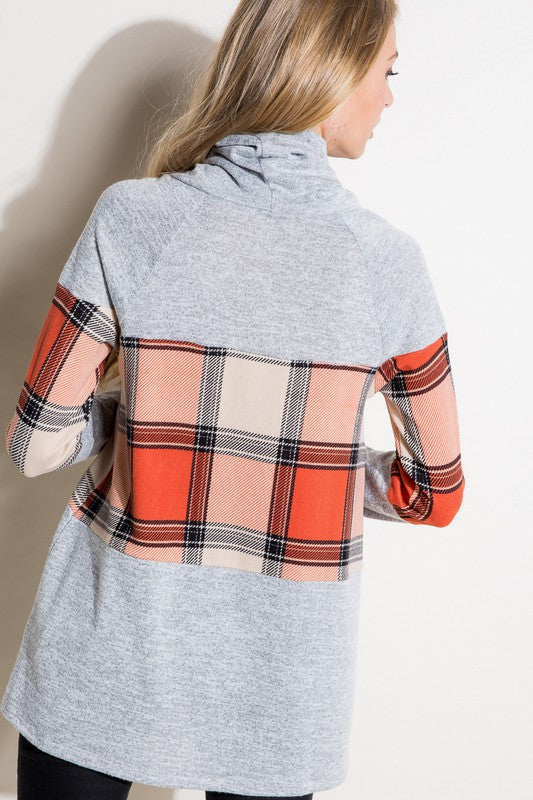 Women's Casual Loose Fit Plaid Mixed Turtle Neck Top