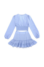 Women's Lace Trimmed V-Neck Smocking Blouse and Skirt Set