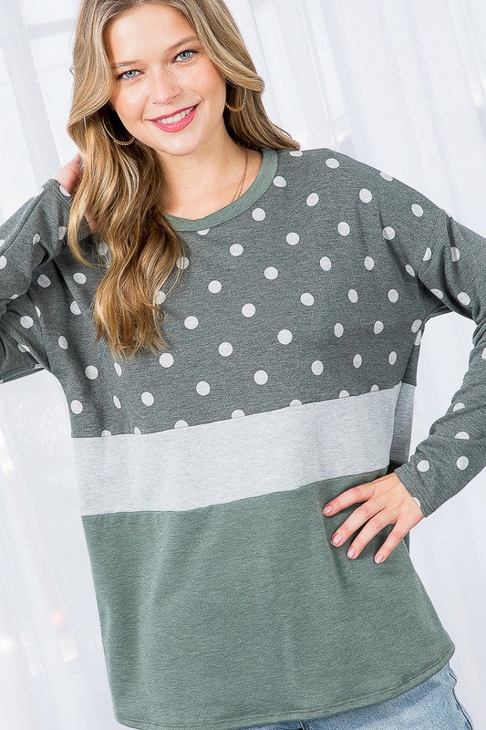 Women's Loose Fit Polka Dot Colorblock Casual Top