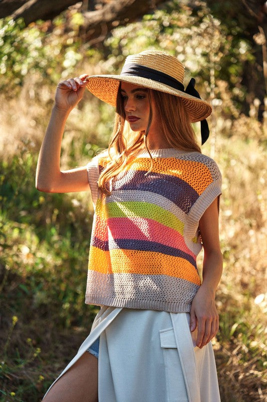 Women's Casual Crochet Multi Striped Sweater Vest