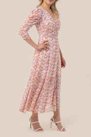 Women's Floral Print V Neck Chiffon Maxi Dress