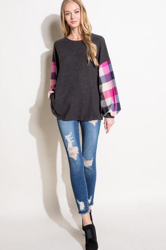 Plus Size Casual Multi Plaid Mixed Long Sleeve Top