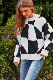 Women's Oversized Geo Checker Knit Sweater Top