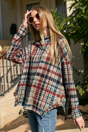 Women's Oversized Plaid Mock Neck Top with Side Buttons