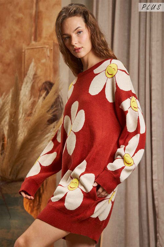 Women's Happy Face Floral Print Knit Sweater Dress