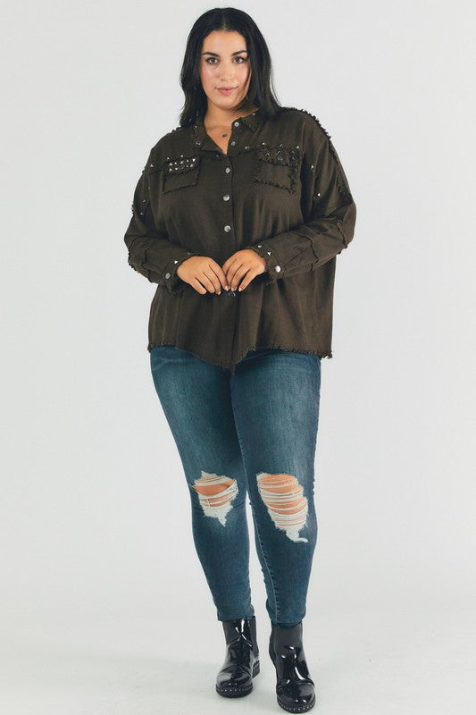 Plus Size Oversized Distressed Hem Button-Down Shirt