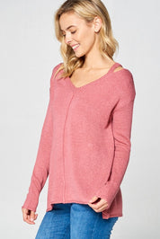 Women's Casual Loose Fit V Neck Cold Shoulder Sweater