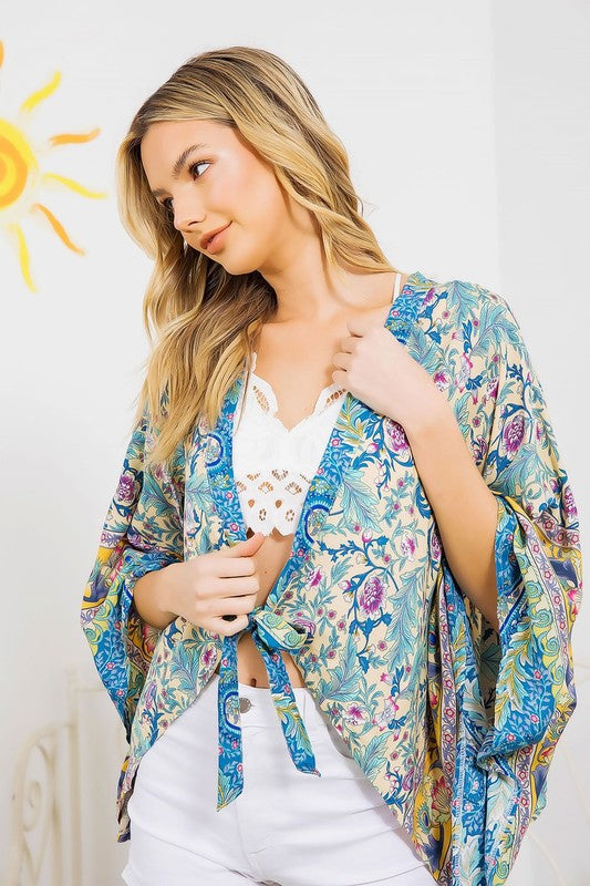 Women's Casual Squared Open Kimono Cardigan with Tie