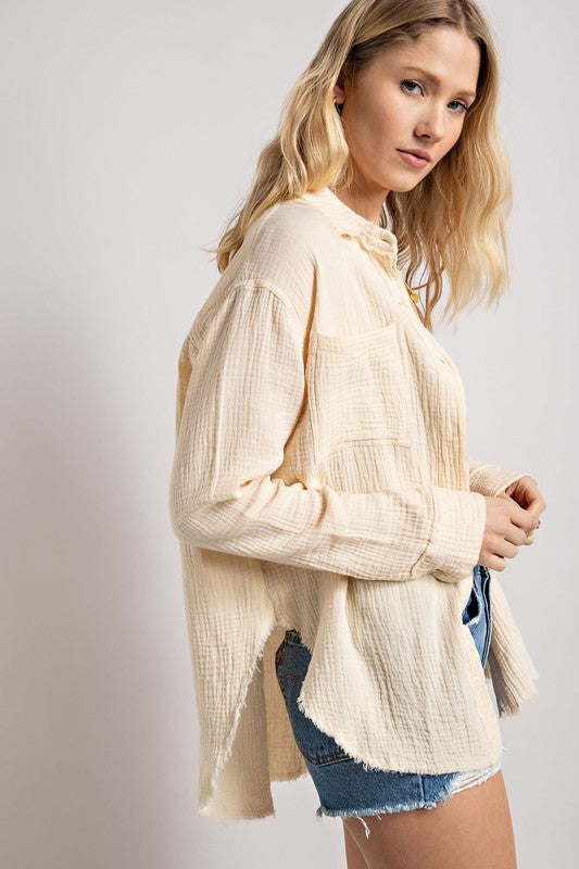 Women's Wrinkled Gauze Button Down Shirt