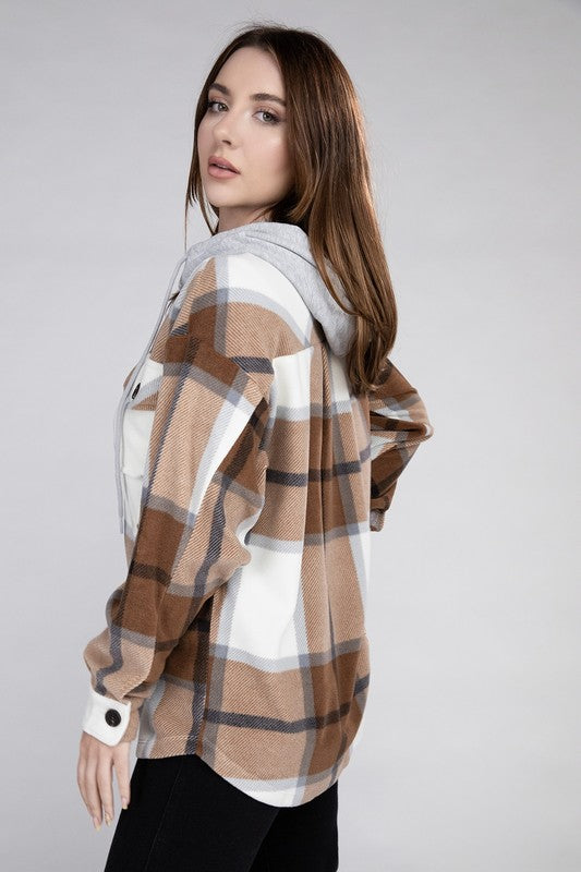 Women's Casual Hooded Plaid Fleece Shacket