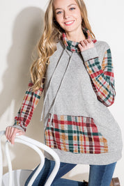 Women's Casual Plaid Mixed Turtle Neck Sweatshirt